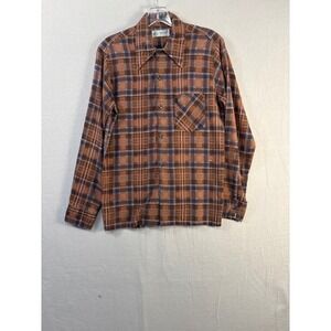 Mens Vintage Permanent‎ Press Plaid Flannel Small Brown Blend Button Up #1699